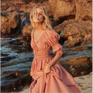 Doen Pink Midi Dress with Smocked Waist